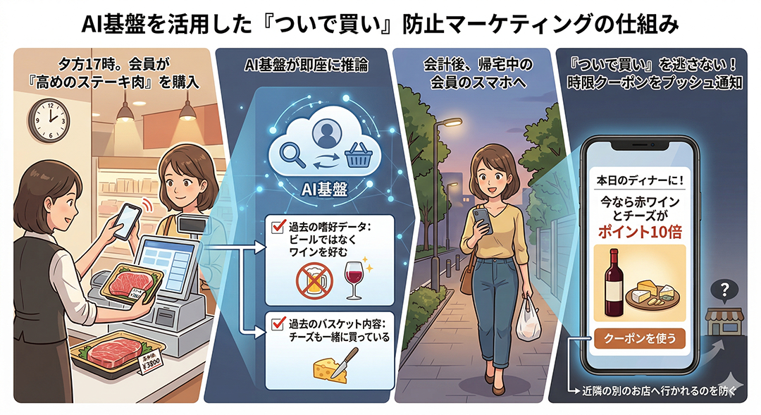 ID-POSデータから好みを予測し、ワインのクーポンを配信するスマホ画面