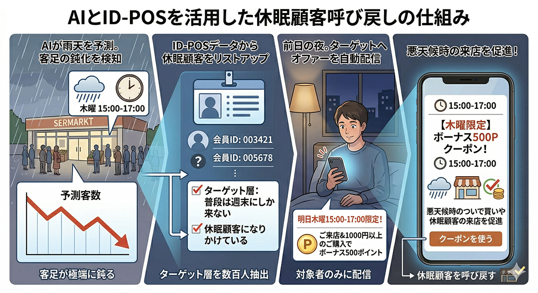 ID-POSデータによる妊娠可能性の予測と、ベビー用品のポイント優待招待状の配信