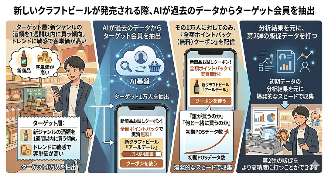 AIによる新商品ターゲット顧客の抽出と、全額ポイントバッククーポンの配信