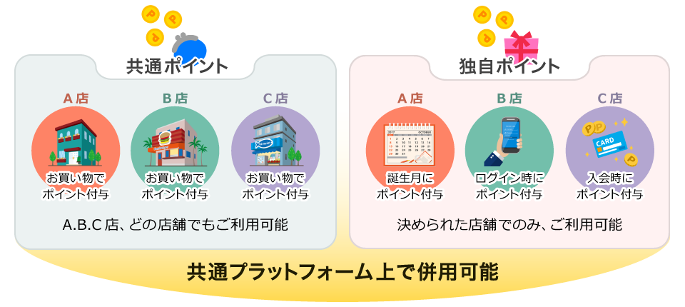 どの店舗でもご利用可能、決められた店舗のみでご利用可能、共通プラットフォームで併用可能