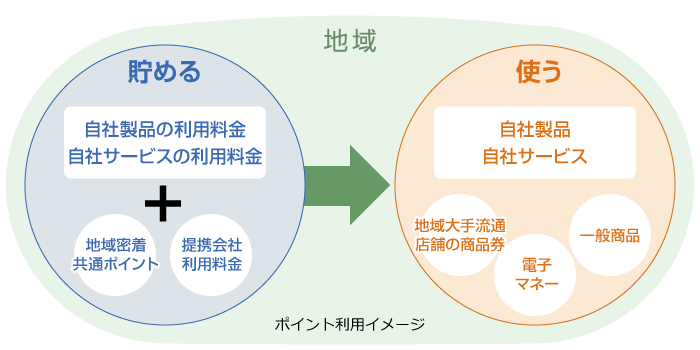 自社製品・自社サービスの利用料金、地域密着共通ポイント、提携会社利用料金、店舗の商品券、電子マネー、一般商品